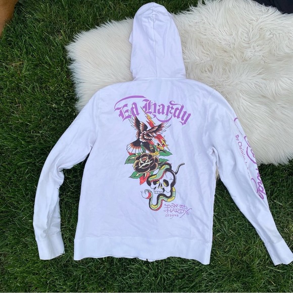 Ed Hardy Y2K Hoodie full-zip Sweatshirt Skull Rose Large - Picture 2 of 8